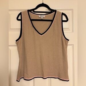 St John Sport Wool Blend Tan Pink Navy V Neck Tank Ribbed Sweater Vest L/XL